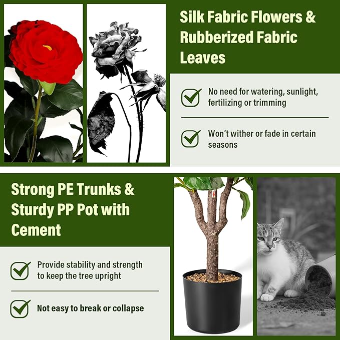 Artificial Camellia Tree,2Pack 3.6FT Faux Red Camellia Plants in Pots,Lifelike Artificial Flower Trees for Indoor Outdoor Home Decor,Realistic Blooming Faux Plants for Living Room Porch Patio Office