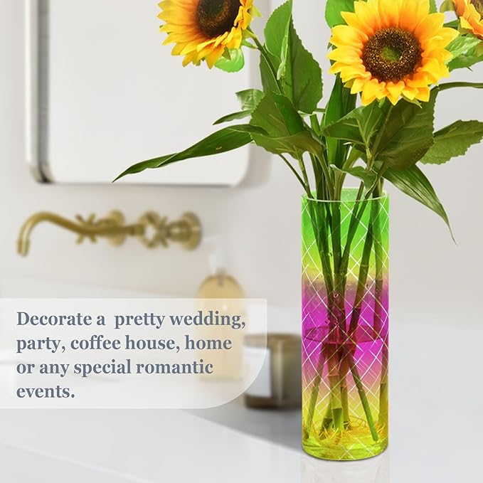 Flower Vase Clear Plastic Cylinder Vases Decor for Centerpieces Home Storage Office Weddings Pink Yellow Gradient Plaid 11.8 x 3.9 in