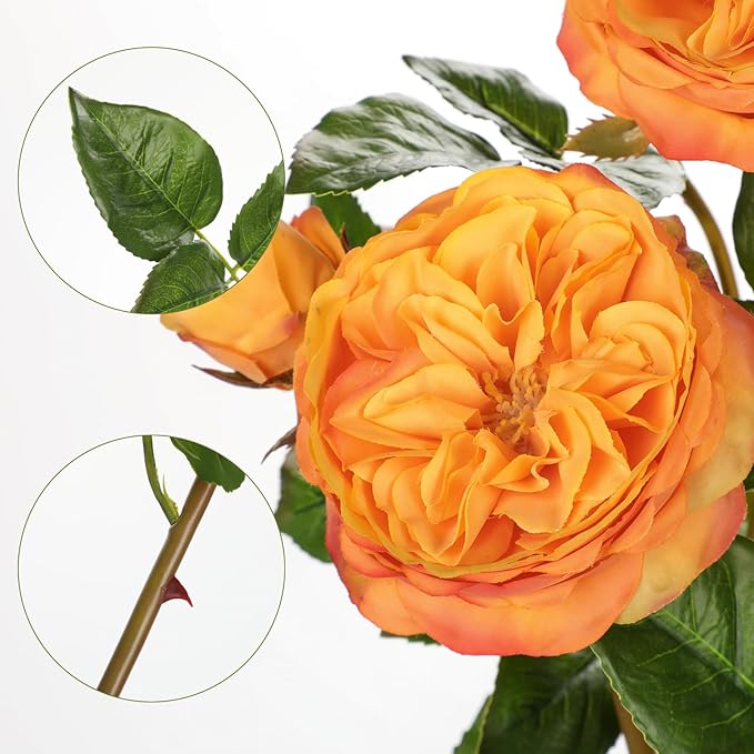 Real Touch Artificial Roses (Set of 3) – 23.6" Long Stem Orange Garden Roses – Lifelike Faux Silk Flowers for Wedding Bouquets, Home Décor, Centerpieces & Floral Arrangements