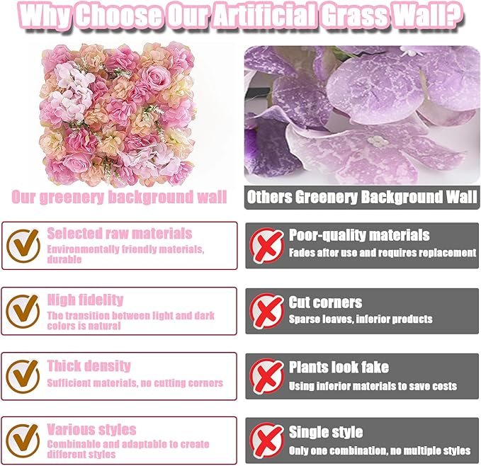 Flower Wall Backdrop, 12PCS 10.6"-15.7" Artificial Flower Wall Panel with Various Styles, 3D Floral Wall Decor for Wedding Photo Background Festive Party Home Decoration (L002, 15 * 15in)