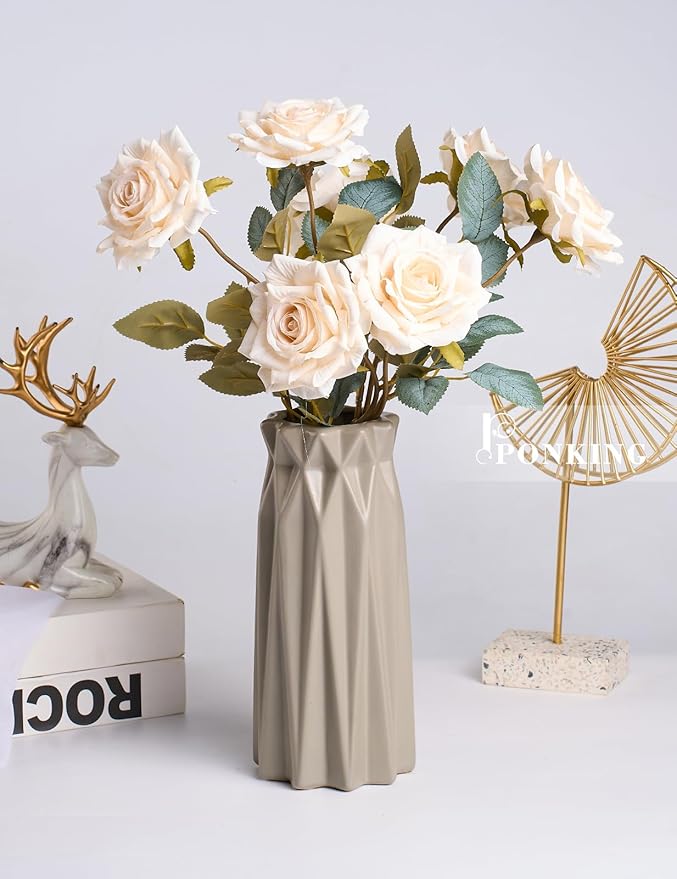 3.1"(8cm) Manta Rose Artificial Flower 7pcs Realistic Faux Silk Roses Fake Flowers Bouquets Arrangements Decor for Wedding Spring Mother's Day, Home Table Decorations, Beige Flower