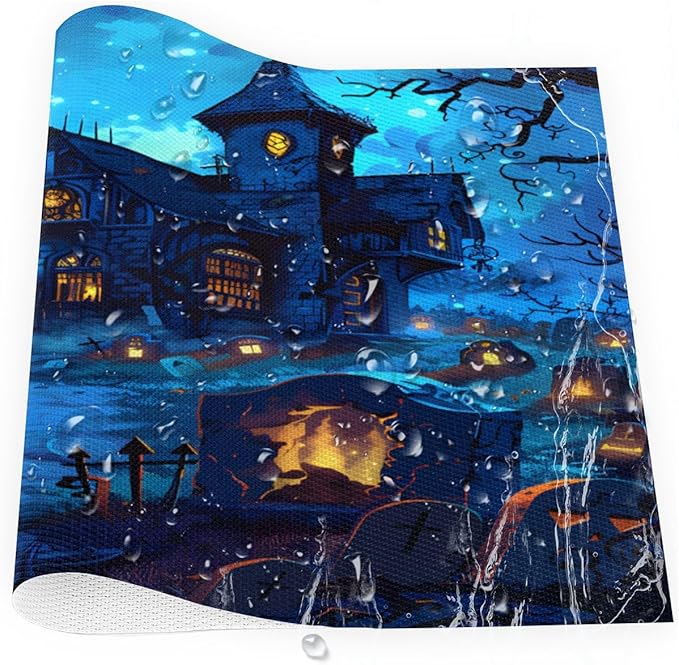 Halloween Castle Scary Blue Placemats Set of 4 PVC Vinyl Non Slip Table Mats Heat Resistant Place Mats Washable Wipeable Dining Table Mat for Kitchen Decor Party Indoor Outdoor Decorative Gift