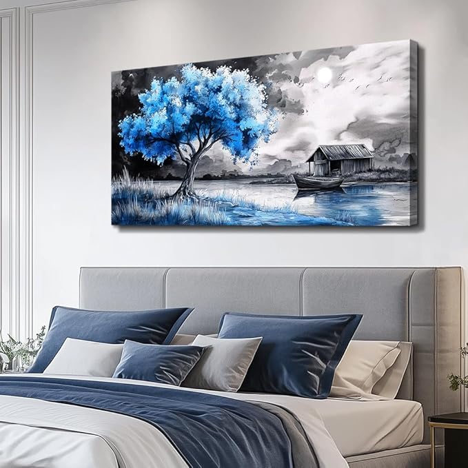 PHAOHUAXM Wall Art For Living Room Large Wall Decor For Bedroom Black White And Blue Trees Wall Pictures Artwork Restaurant Office Frame Printing Canvas Artwork Modern Home Decor Aesthetic 24x48 in