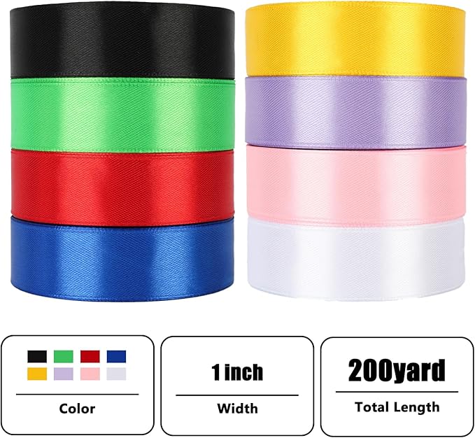 NESCCI 200 Yards Ribbon,1 Inch Satin Ribbon,Single Face Satin Ribbons, Perfect for Gift Wrapping,Wedding Decoration,Handmade Bows,Wrapping Bouquet and More