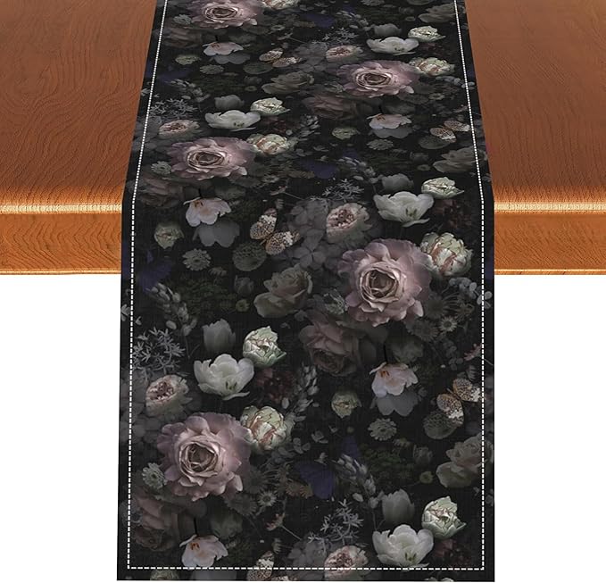 Gothic Floral Table Runner, Vintage Garden Flower Black Witchy Farmhouse Coffee Table Center Decor for Home Kitchen Dining Patio Holiday Party Table Decorations 13x36 inches