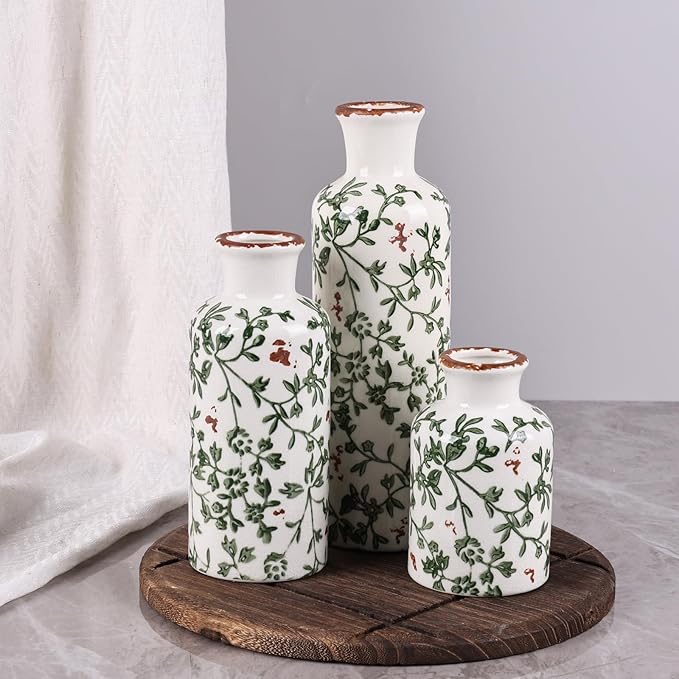 Ceramic Vase Set of 3 - Modern Chinoiserie Green Floral Decorative Vases for Home Decor, Rustic Farmhouse Boho Vases for Living Room, Mantel, Dining Table, Bookshelf, Kitchen or Entryway Decoration