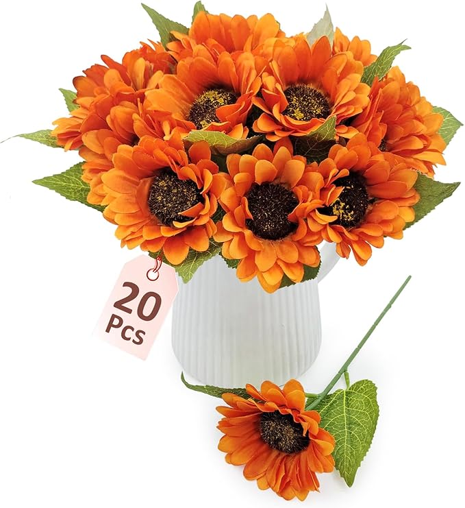 20 PCS Fake Silk Sunflowers Artificial Flower with Stems for Home Wedding Party Centerpieces Decoration Bridal Bouquets Tables Floral Arrangements Wreath DIY Art Crafts Decor (Orange)