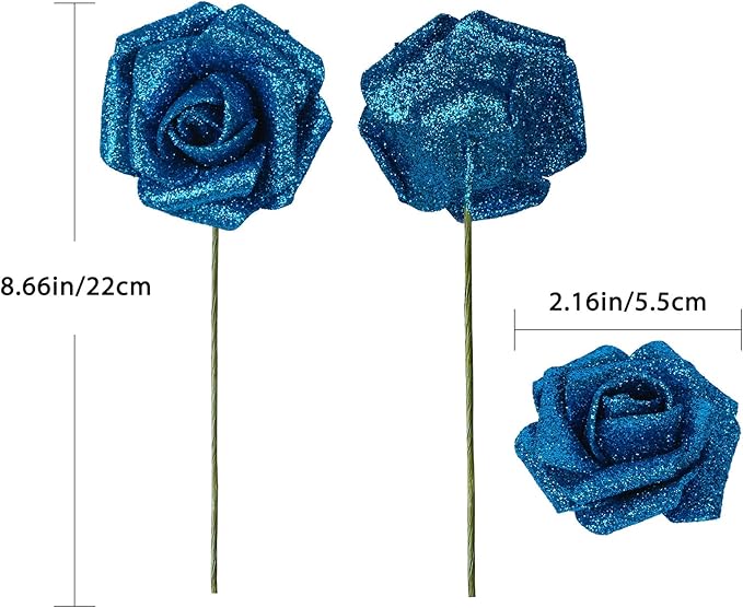 Blue Roses Artificial Flowers 30 PCS 2.17 in Glitter Roses Foam Flowers Glitter Flowers with Stem for DIY Wedding Bridal Bouquet Party Centerpieces Decor(Blue)