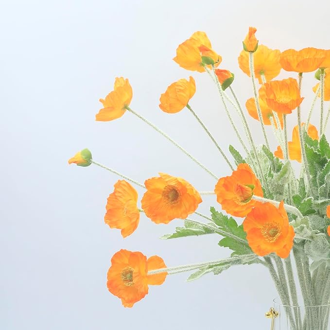 2 Pcs Artificial Fake Flowers Poppies Silk Flower Arrangements Wedding Bouquets Decorations Plastic Floral Table Centerpieces for Home Kitchen Garden Party Decor Approx 23.6" High - Light Orange