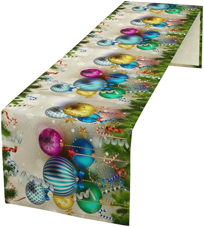 Christmas Table Runner,Colorful Balls Xmas Tree Snowflake Pattern Print Tablecloth Burlap for Hotel Indoors Outdoor Dining Room Kitchen Home Decor,W13X L80 in