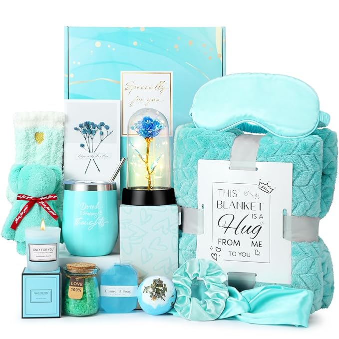 Birthday Gifts for Women, Gift Baskets for Women, Relaxing Spa Gifts Care Package with Luxury Flannel Blanket, Light-Up Rose Flower, Unique Mothers Day Gifts for Mom, Wife, Grandma, Sister, Friends