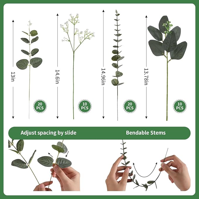 60 Pcs Mixed Artificial Eucalyptus Leaves Stems Bulk,Baby Breath Artificial Flowers Bulk with Eucalyptus Leaves Greenery Stems for DIY Bouquets Wedding Floral Home Decor (Green-60pcs)
