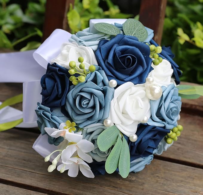 Lightweight Bridal Wedding Bouquet Round Holding Bouquet Throw Toss Artificial Rose Flower Bunch for Bride Bridesmaid Wedding Quinceanera (White & Shades of Blue, 7.9")