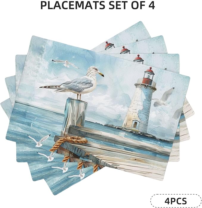 Lighthouse Seagull Placemats Set of 4 Washable Table Mats Ocean Nautical Coastal Heat-Resistant Cotton Linen Place Mats for Dining Table Kitchen Indoor Outdoor Party Holiday Decor