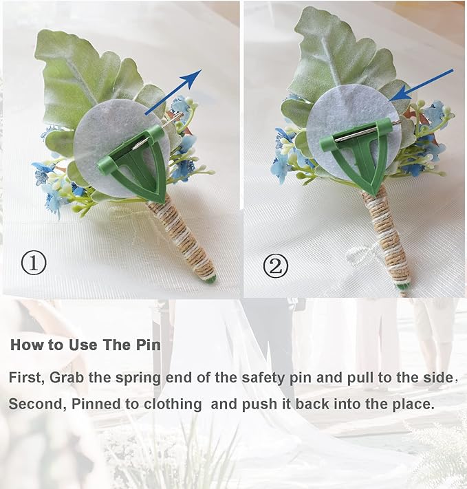 White & Blue Rose Boutonnieres for Men Wedding Baby's Breath Boutonniere for Best Men Groom Groomsmen Wedding Prom Set of 6
