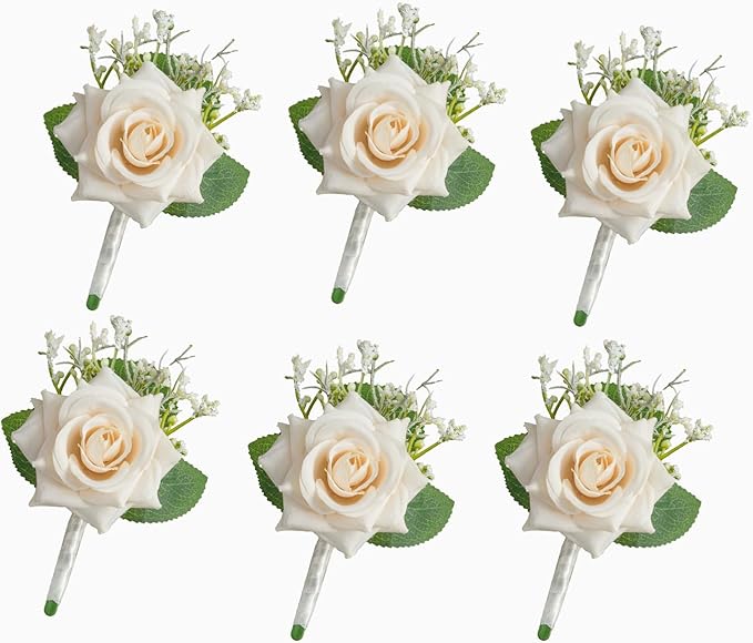 Champagne Rose Boutonnieres for Men Wedding with Pins, Set of 6, Baby's Breath Boutonniere for Best Men Groom Groomsmen Wedding Prom Homecoming