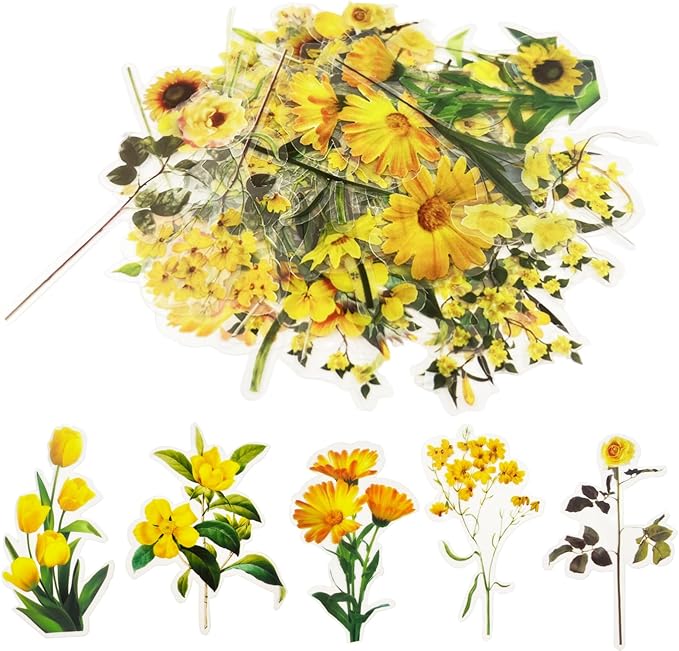 Natural Flower Stickers for Scrapbooking,PET Nature Plant Stickers Floral Stickers Vintage Craft Sticker,Colorful Small Flower Sticker for Journaling Scrapbooking Clear Flower Decal (Style F)