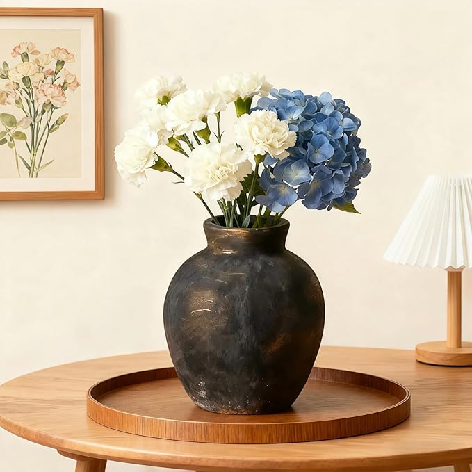 Ceramic Vase, 6 inch Minimalist Rustic Farmhouse Terracotta Vase for Home Decor, Table, Living Room, Entryway, Shelf, Mantel Decoration (Black)