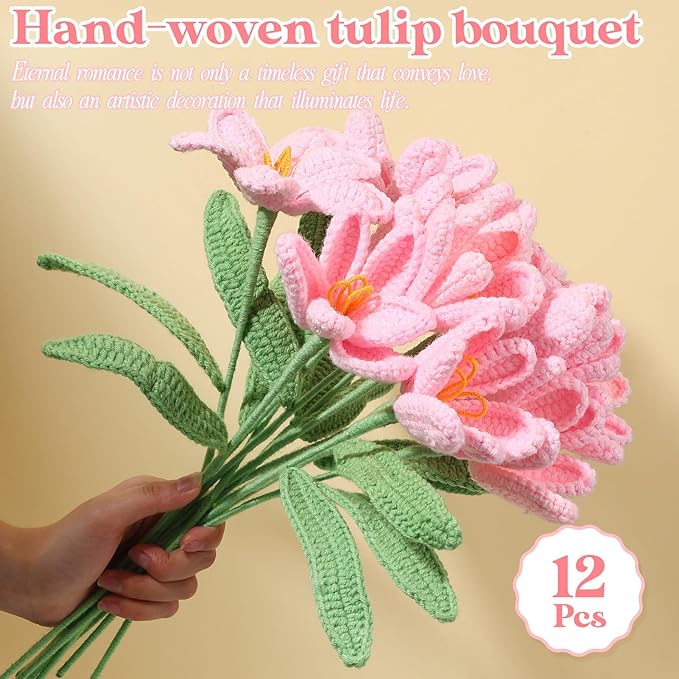 YoungJoy Crochet Rose 12 Pcs Handmade Knitted Flowers Tulip Sunflower Daisy Heart Artificial Knitted Floral Mother Day Graduation Home Decor(White Tulip)