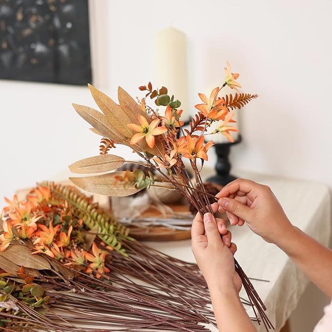 YXZZWL Artificial Greenery Stems Box Set for Fall Decorations，70 Pcs with 8 Kinds of Faux Eucalyptus Branches for Autumn Wedding DIY Bouquets Floral Arrangement Table Centerpieces (Brown & Orange)