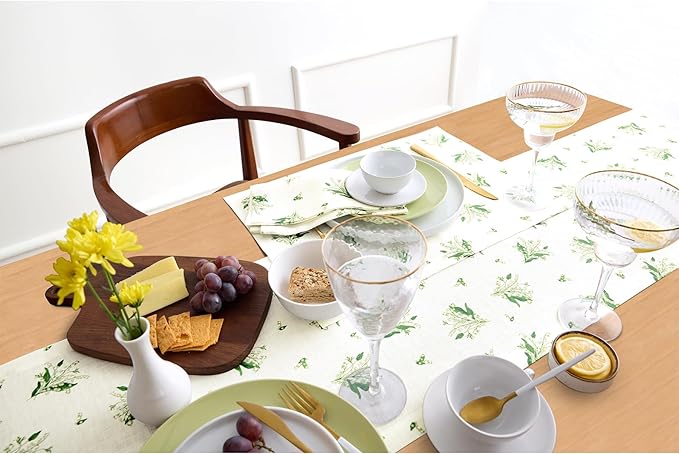 Solino Home Lily Floral Print Table Runner 48 inch - 100% Pure Linen Table Runner 14 x 48 Inch - Machine Washable - Lily of The Valley/Off White Print