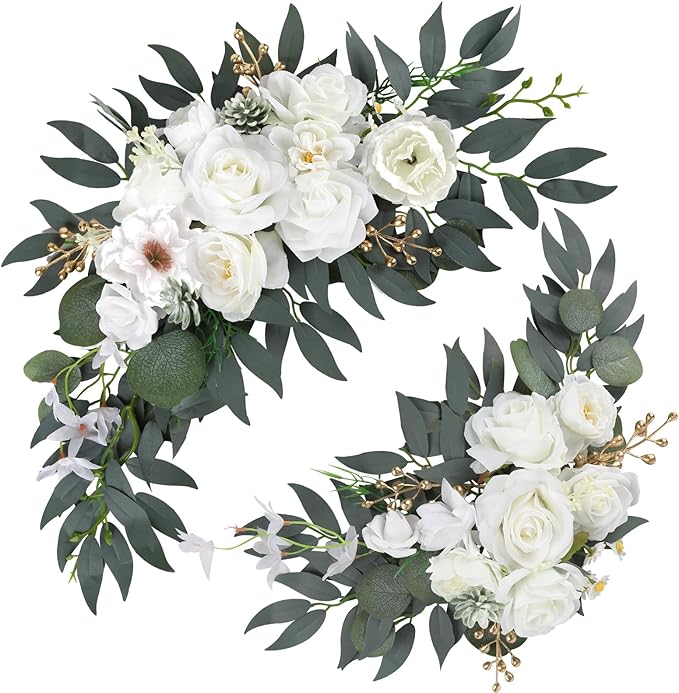 Wedding Arch Flowers for Wedding Welcome Sign, 2PCS Artificial Flower Floral Swag for Decoration Ceremony Reception Backdrop Party Aisle (White)