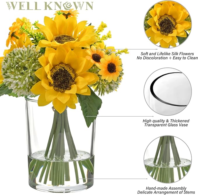 WELL KNOWN Yellow Silk Sunflower Arrangements Bouquet with Vase, Sunflower Artificial Flowers in Glass Vase for Housewarming Decoration Home Decor Office Dining Table Centerpieces