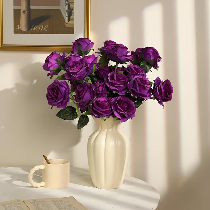 Nubry 24pcs Artificial Silk Roses Bulk,Fake Roses Flower with Stems Realistic Flowers for Wedding Centerpiece Home Party Decor(Purple)