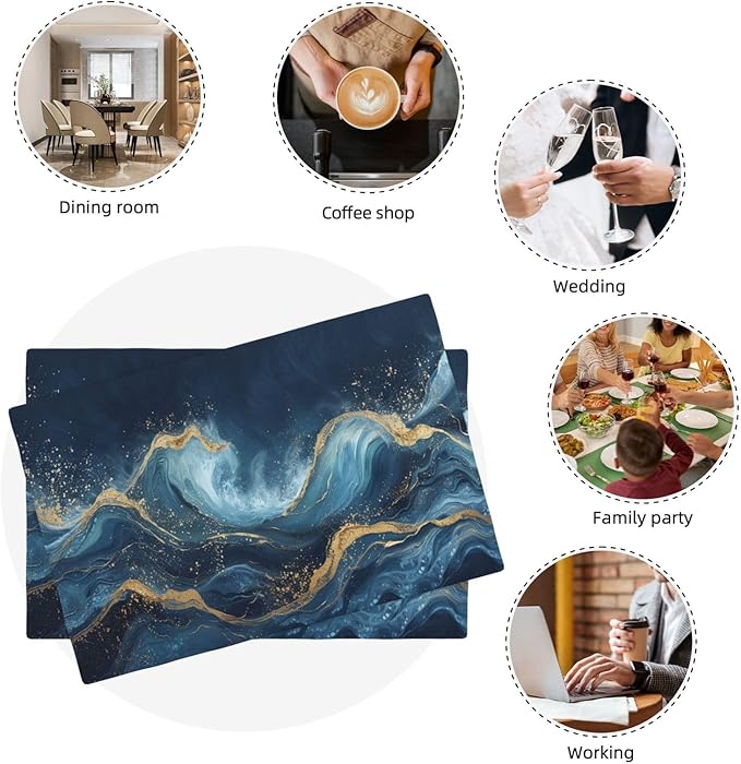 Abstract Blue Wave Placemats Set of 6, Sea Navy Double-Sided Table Mats for Kitchen Home Party Indoor Decor 6 PCS 12x18 Inch