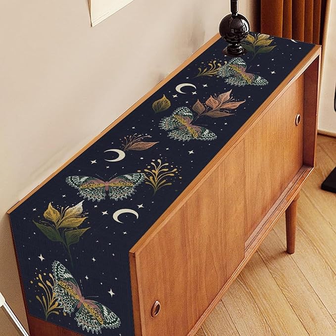 Gothic Moth Table Runner, Boho Gothic Floral Butterfly Sun Moon Mystical Witchy Starlight Coffee Table Center Decor for Home Kitchen Dining Patio Holiday Party Table Decorations 13x36 inches