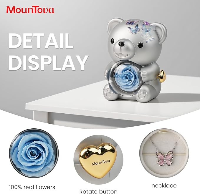 Romantic Teddy Bear with Preserved Rose, DIY Elegant Gift Box with Blue Rose & Butterfly Necklace, Rose Bear for Valentine's Day, Weddings, Mother's Day, Birthday, Christmas, Sliver