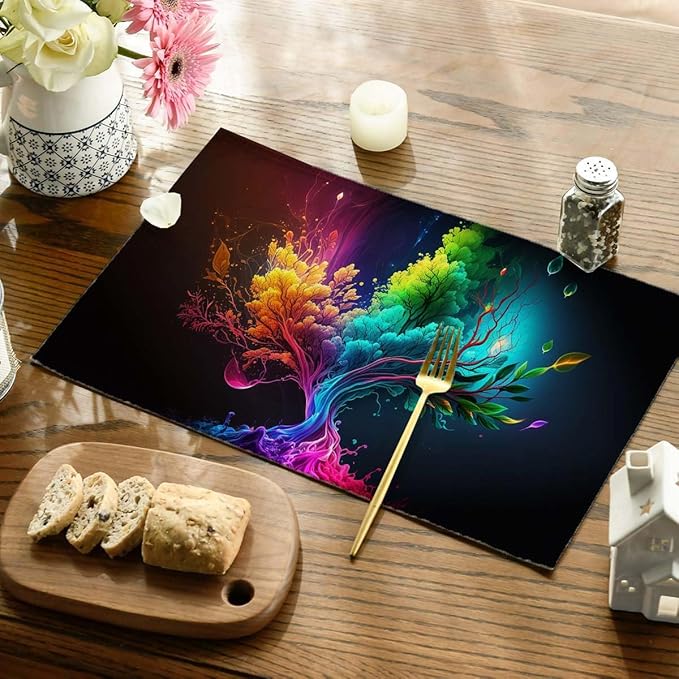 Placemats Set of 4 Abstract Colorful Tree Table Mats Linen Place Mats for Dining Kitchen Country Camp Farmhouse Decor 12x18 Inch