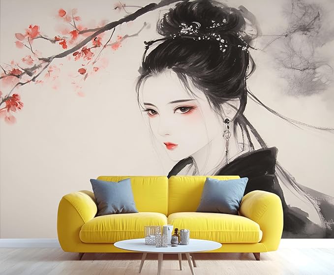 Asian Woman Wall Mural, Oriental Japanese Woman 3D Wall Murals, Ink Style Art Wallpaper Mural, for Living Room Bedroom Large Wallpaper Indoor Decor 59" W x39.4 H