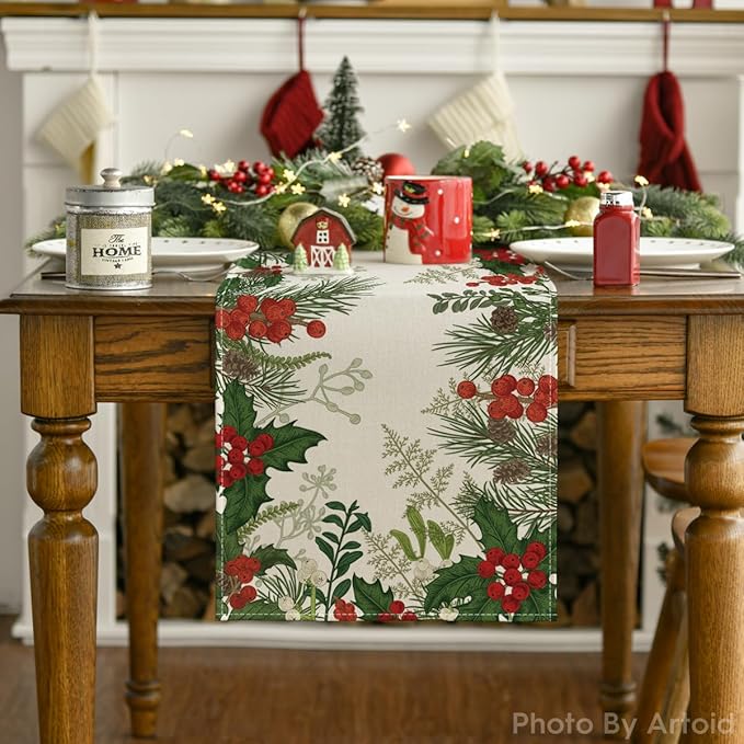 Artoid Mode Holly Pine Cone Christmas Table Runner, Seasonal Winter Kitchen Dining Table Decoration for Home Party Decor 13x60 Inch