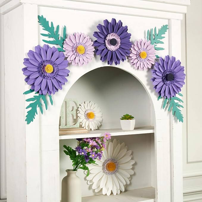 17PCS Purple Paper Flowers Decorations for Wall Artificial 3D Giant Daisy Paper Flowers Classroom Bulletin Board Floral Backdrop Hanging for Tea Party Wedding Baby Shower Purple Birthday Decorations