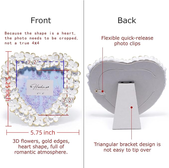 Hodao 4x4 Inch 3D Floral Heart Shaped Frame - Hand-Crafted Resin Picture Frame with White & Gold Accents for Wedding, Valentine’s Day & Romantic Home Decor (White Gold-Heart)