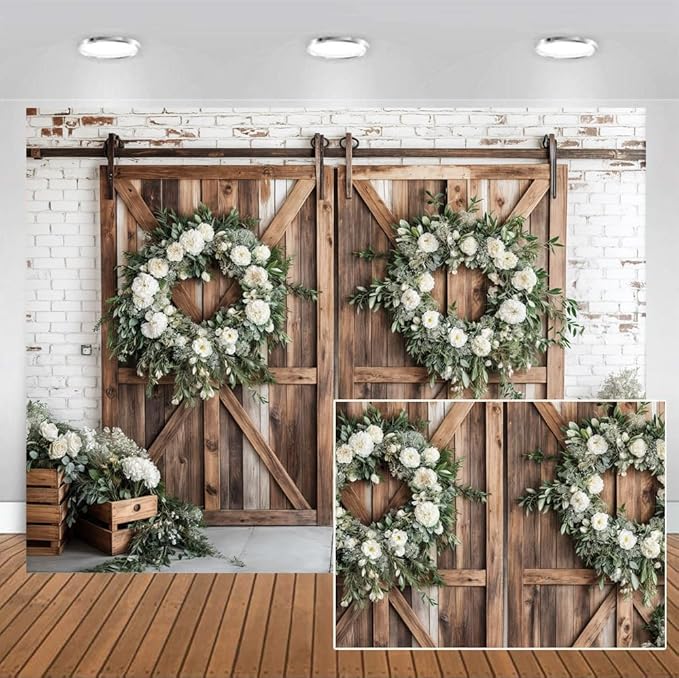 Rustic Barn Door Photography Backdrops, White Flower Wood Brown Barn Door Backdrop, Wedding Birthday Party Decors Photo Booth Props 10x8ft