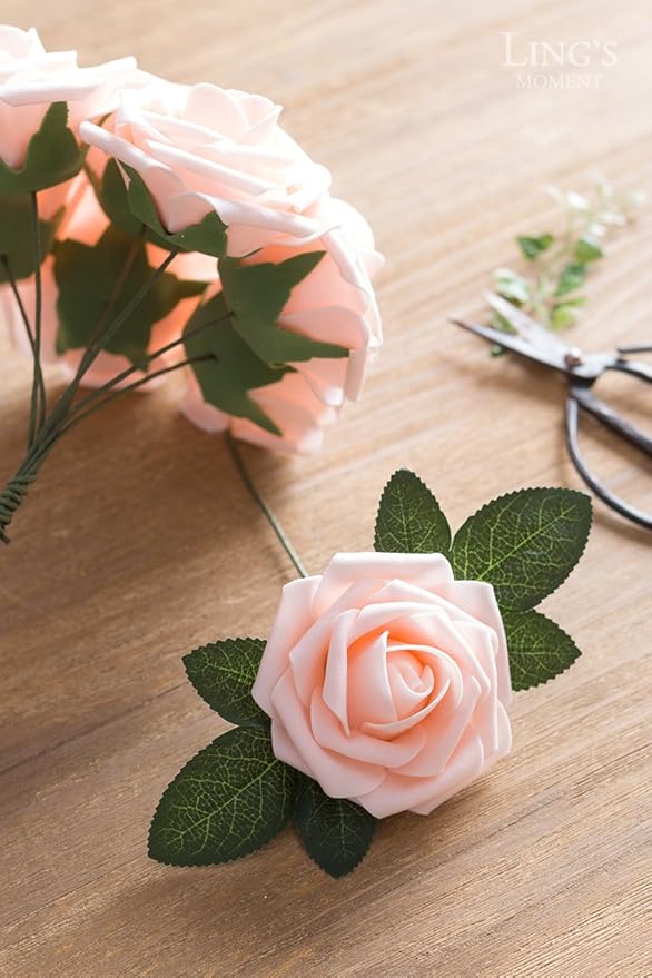 Ling's moment Artificial Flowers 25Pcs Pink Cream Roses Decor w/Stems,3" Real Touch DIY Foam Floral for Wedding Bouquet/Centerpieces, Outdoors Party Backdrop, Room/Table, and Garden/Pot Decorations