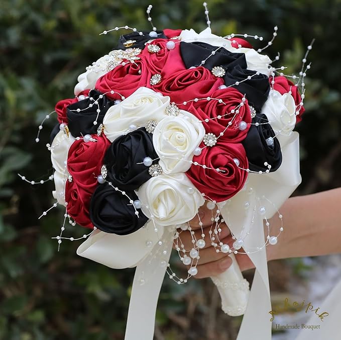 Bridal Wedding Bouquet Round Bling Brooch Bouquet Throw Toss Artificial Rose Flower Bunch for Bride Bridesmaid Wedding Quinceanera(Ruby Red, Black & Ivory, 7.5")