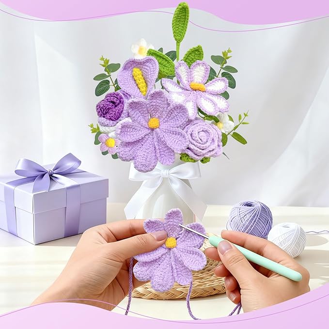 Crochet Flower Bouquet, Purple Knitted Flowers, Handmade Crochet Roses Calla Lily Gasang for Lover Anniversary Birthday Party Mother's Day Graduation Gifts (Purple)