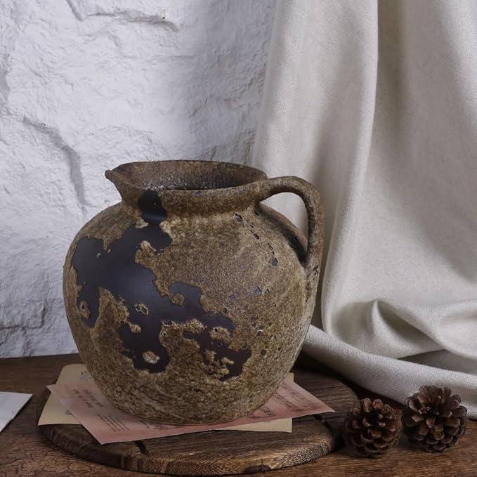 Rustic Vase with Handles, Farmhouse Vase for Home Decor, Wabi Sabi Decor Pottery Vases, Vintage Stone Terracotta Vases Suitable for Living Room, Fireplace, Shelf Decor, Dining Table Decorative