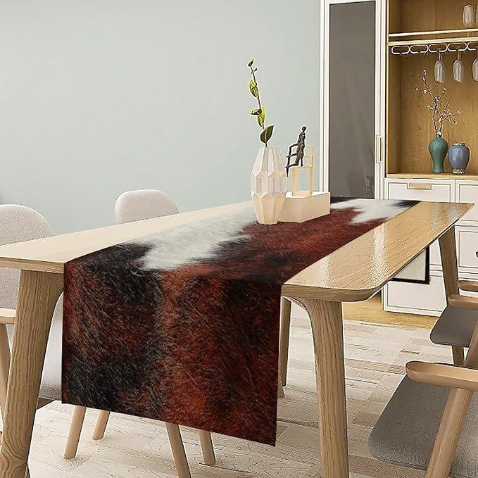 Cow Skin Print Table Runner, Rustic Country Farmhouse Animal Fur Skin Western Farm Black Brown Cowhide Print Dinner Runner Table Decoration for Home Kitchen Dining 13x108in