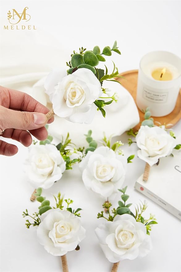 Meldel Ivory Rose Boutonniere for Men,Set of 6,Groom and Best Man Boutonnieres with Artificial Flower,for Wedding Ceremony Anniversary, Formal Dinner Party, Fall Vintage Rustic Marriage Prom