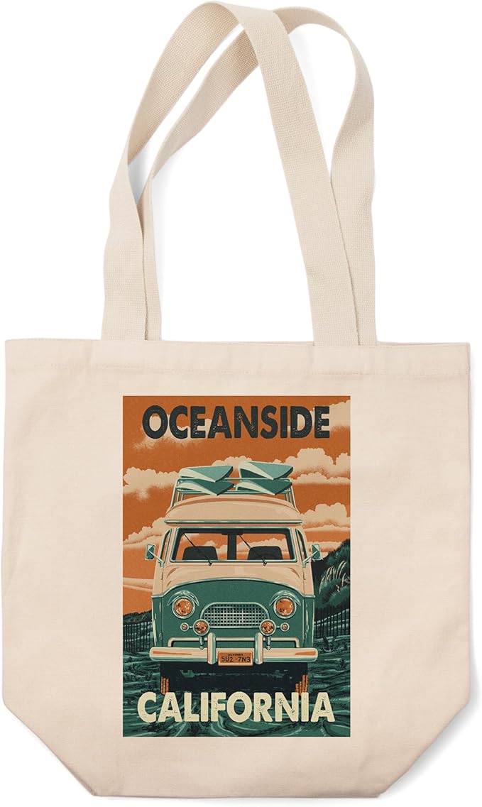 Oceanside, California, Camper Van, Letterpress (100% Cotton Canvas Reusable Tote Bag)