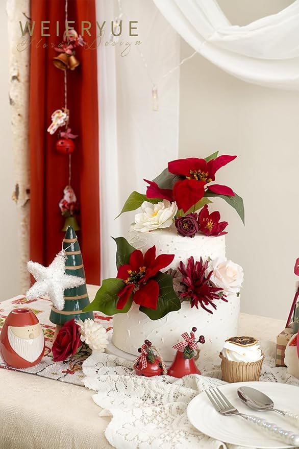 Artificial Flower Box Set Christmas red Themed Floral Decorations，Silk Fake Flowers for DIY Centerpieces Cake Decorations, Xmas Wreath Floral Arrangements Party (Merry Christmas Red)