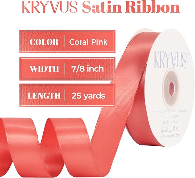 Coral Satin Ribbon, Double Faced 7/8 Inch X 25 Yards Coral Ribbon, for Gift Wrapping, Crafts, Hair Bow Making, Sewing, Flower Bouquet, Wedding Party Decor