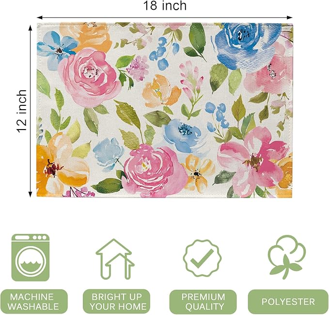 Seliem Spring Summer Floral Flower Placemats Set of 4, Watercolor Peony Leaves Dining Table Place Mats, Seasonal Kitchen Decor Home Decoration 12 x 18 Inch