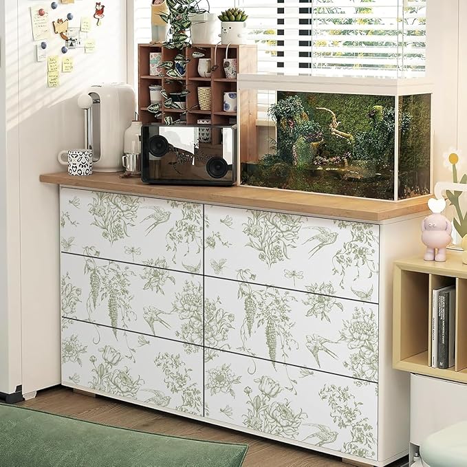 Floral Birds Wallpaper Peel and Stick Green and White Contact Paper 16.9”x 118.1”Vintage Floral Self Adhesive Removable Wallpaper Green Flower Contact Paper for Bathroom Kitchen Decor