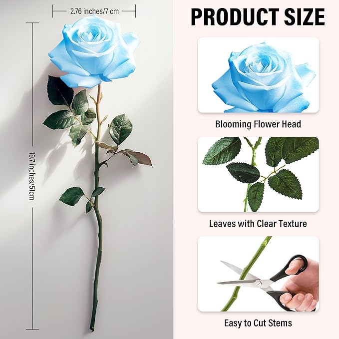 20PCS Artificial Roses with Long Stems - Realistic Silk Flowers, Fake Roses Real Touch Bouquet of Roses for Home Decor, Bridal Wedding Party Table Centerpieces, Bulk Faux Rose Flowers ( Sky Blue )