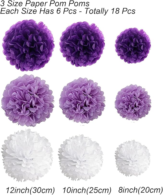 Tissue Paper Pom Poms, Recosis Paper Flower Ball for Birthday Party Wedding Baby Shower Bridal Shower Festival Decorations, 18 Pcs - Purple, Lavender and White